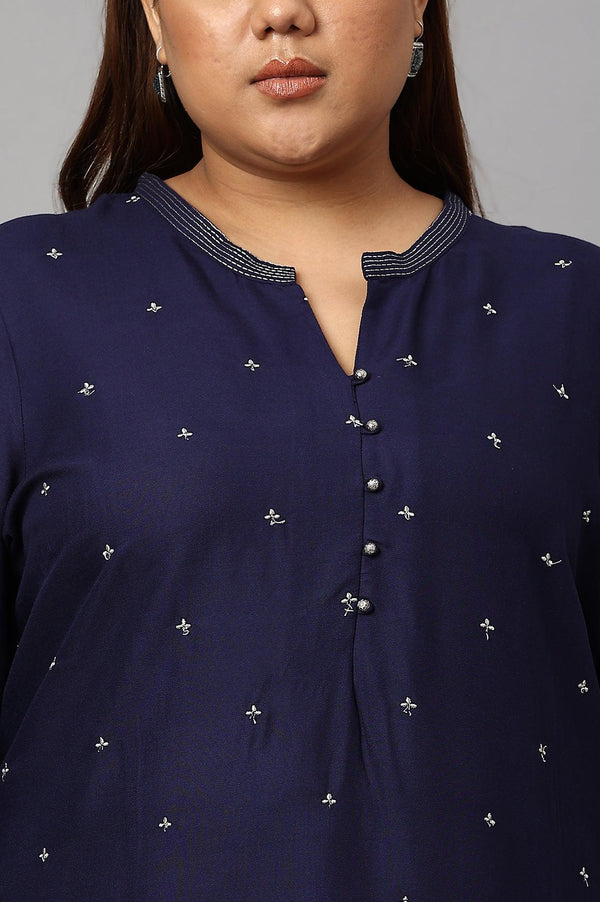 Blue Metallic Embroidered Button Down Plus Size kurta