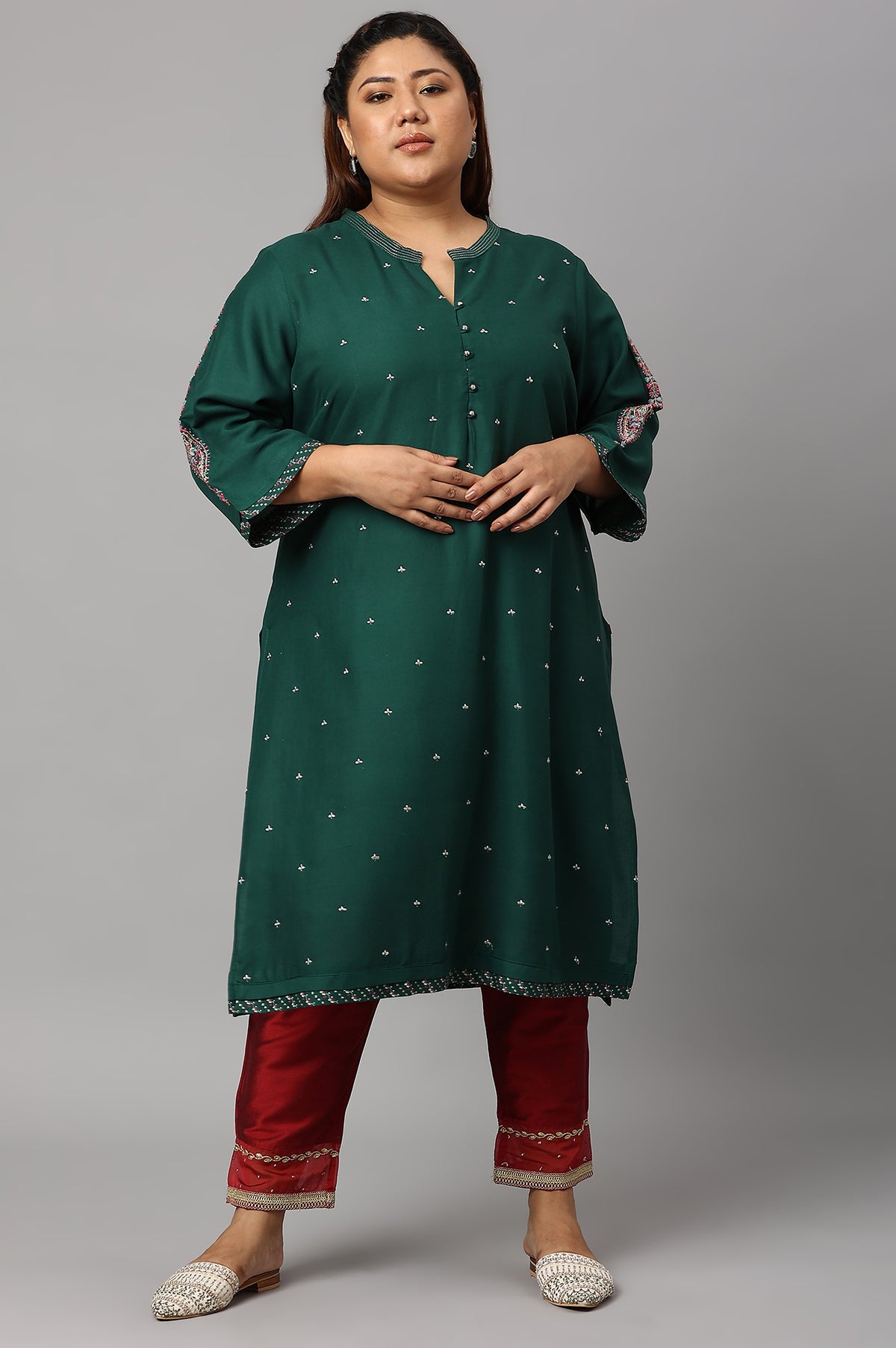 Green Metallic Embroidered Button Down Plus Size kurta - XS
