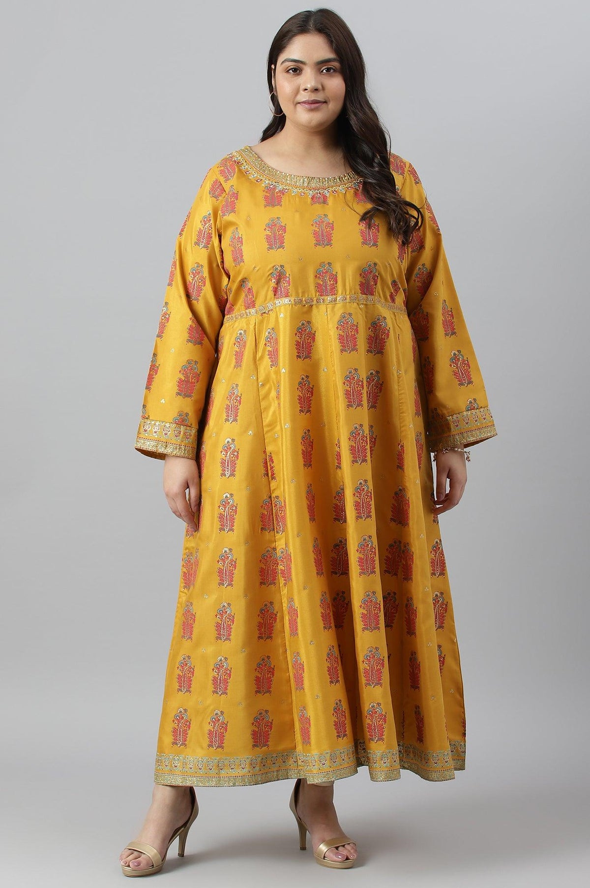 Mustard Paisley Printed Embroidered Plus Size Dress - 20