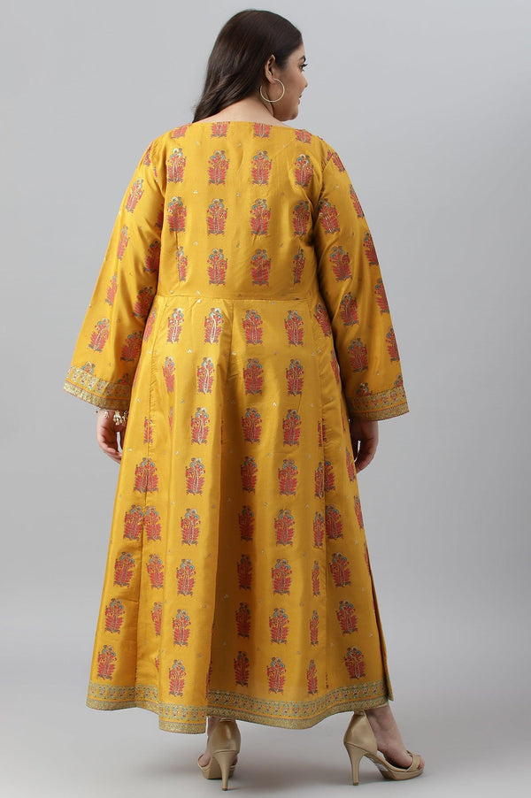 Mustard Paisley Printed Embroidered Plus Size Dress