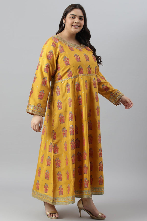 Mustard Paisley Printed Embroidered Plus Size Dress