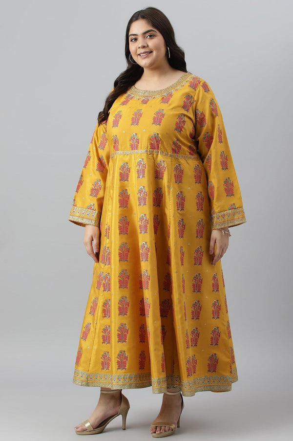 Mustard Paisley Printed Embroidered Plus Size Dress
