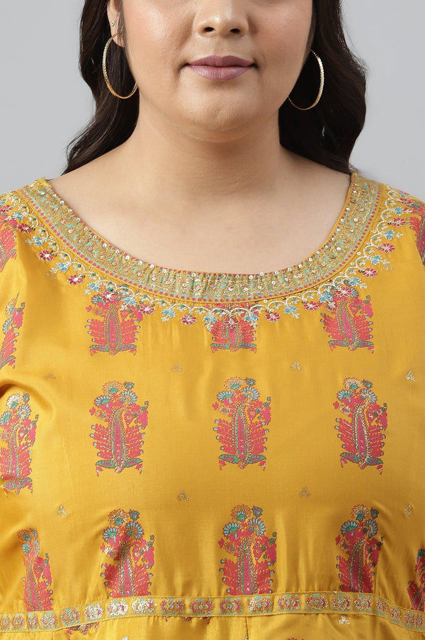 Mustard Paisley Printed Embroidered Plus Size Dress