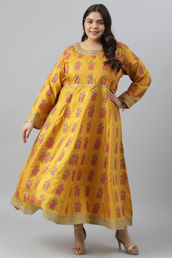 Mustard Paisley Printed Embroidered Plus Size Dress
