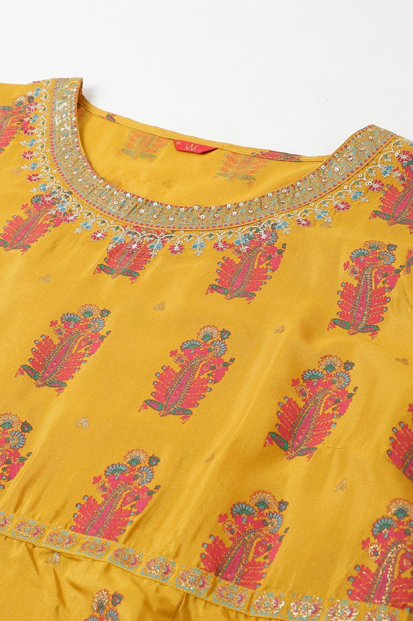 Mustard Paisley Printed Embroidered Plus Size Dress
