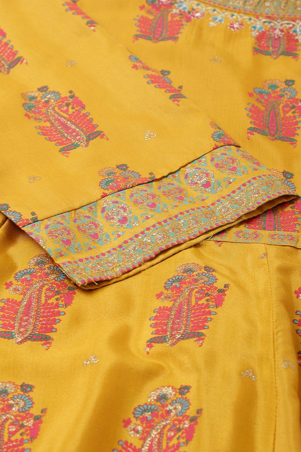 Mustard Paisley Printed Embroidered Plus Size Dress