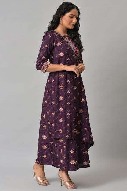 Dark Purple Printed Angrakha Jumpsuit - wforwoman