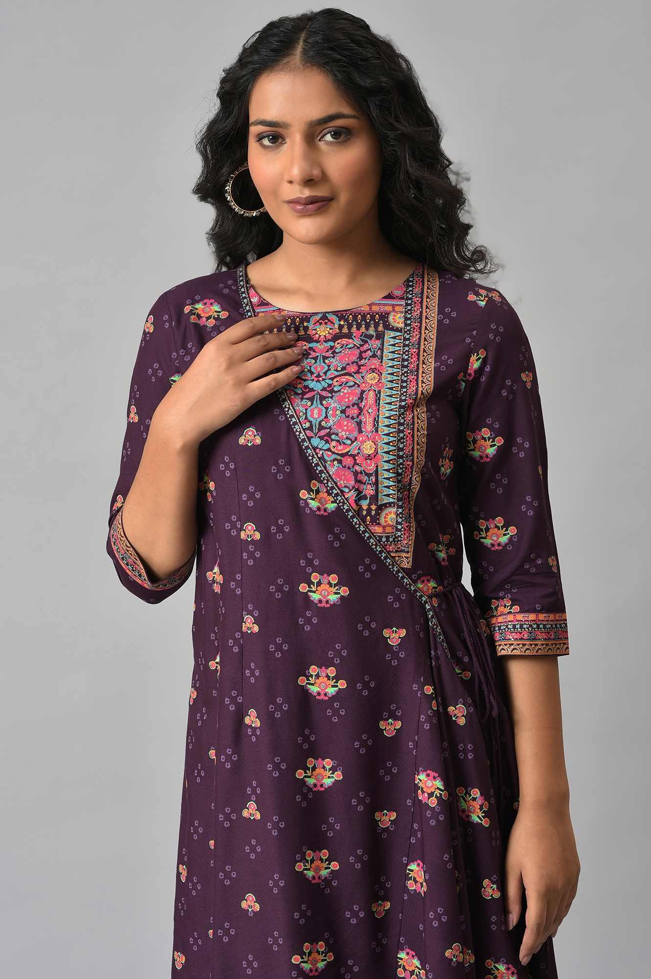 Dark Purple Printed Angrakha Jumpsuit - wforwoman