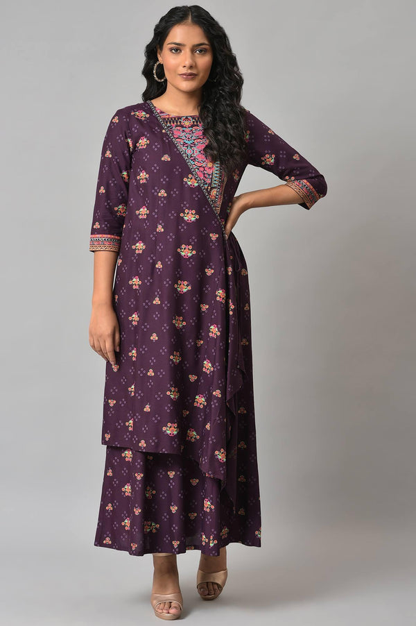 Dark Purple Printed Angrakha Jumpsuit