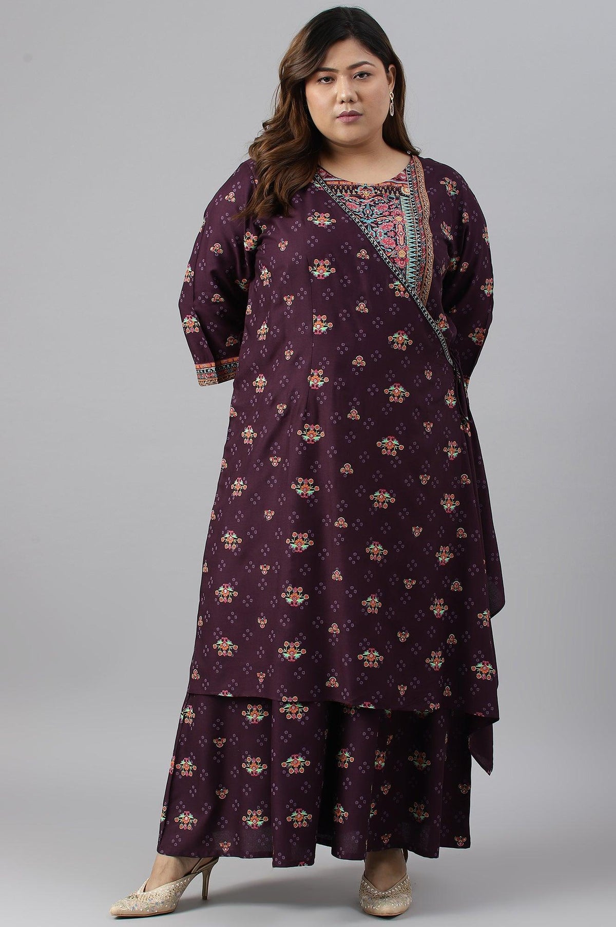 Plus Size Dark Purple Printed Angrakha Jumpsuit - XS