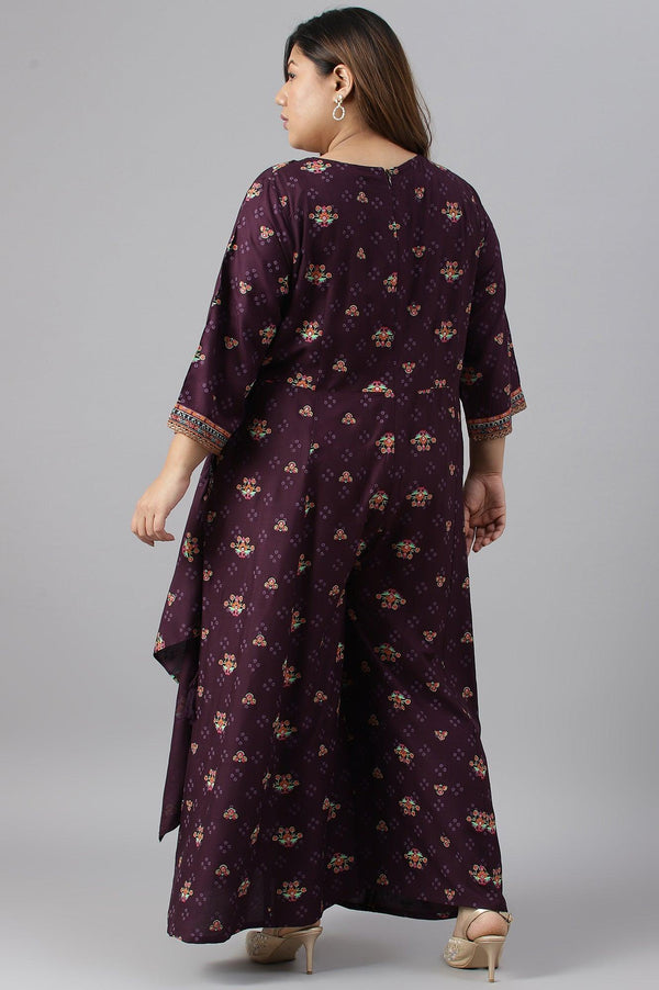 Plus Size Dark Purple Printed Angrakha Jumpsuit
