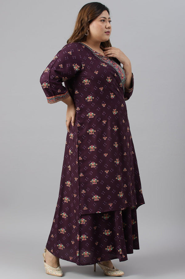 Plus Size Dark Purple Printed Angrakha Jumpsuit