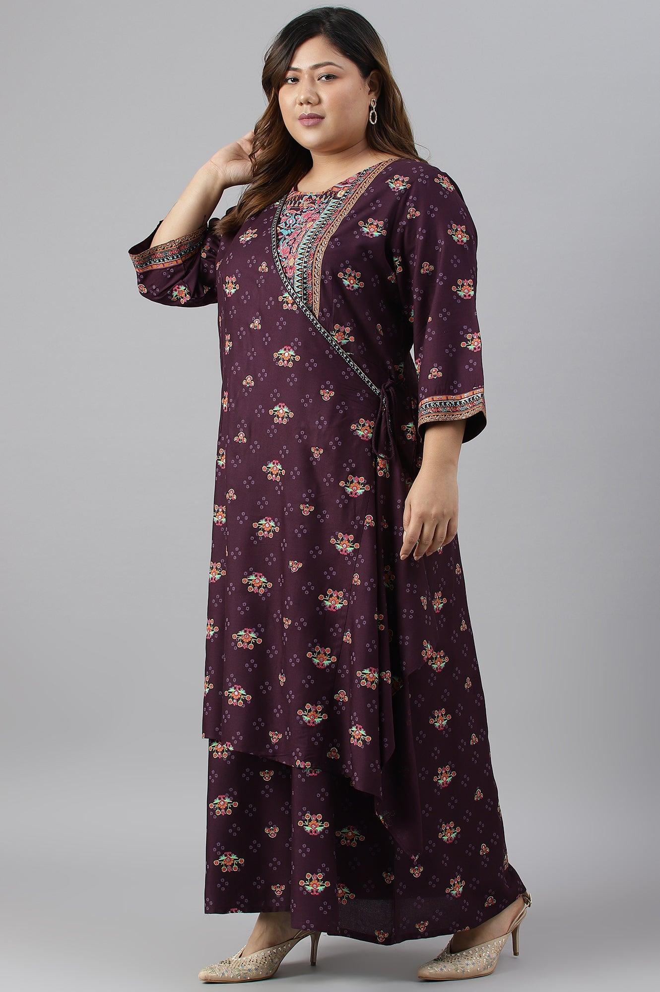 Plus Size Dark Purple Printed Angrakha Jumpsuit - wforwoman