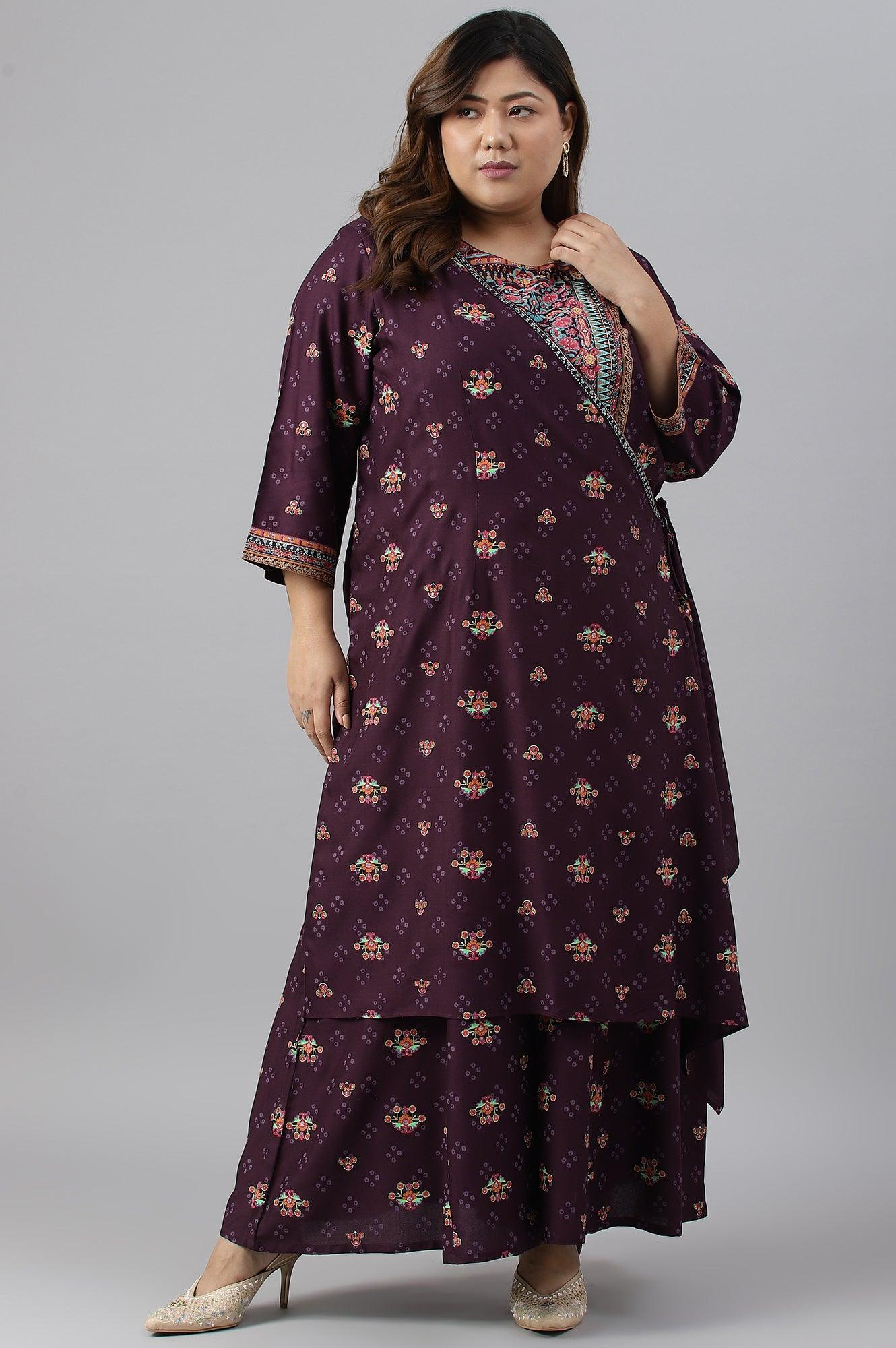 Plus Size Dark Purple Printed Angrakha Jumpsuit - wforwoman