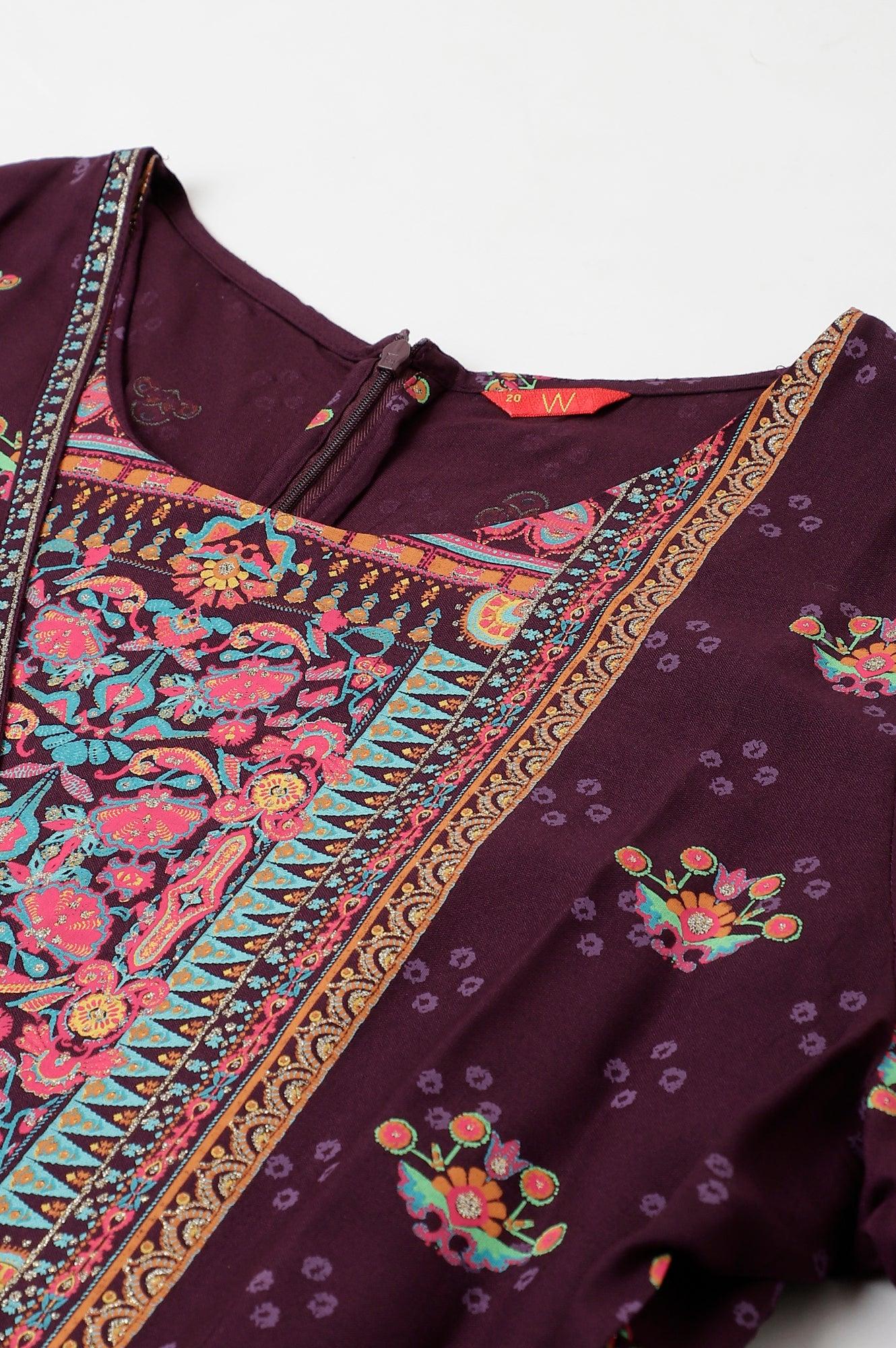 Plus Size Dark Purple Printed Angrakha Jumpsuit - wforwoman