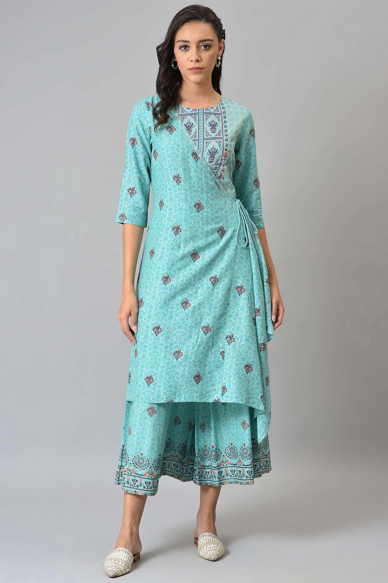 Light Blue Glitter Printed Angrakha Jumpsuit - wforwoman