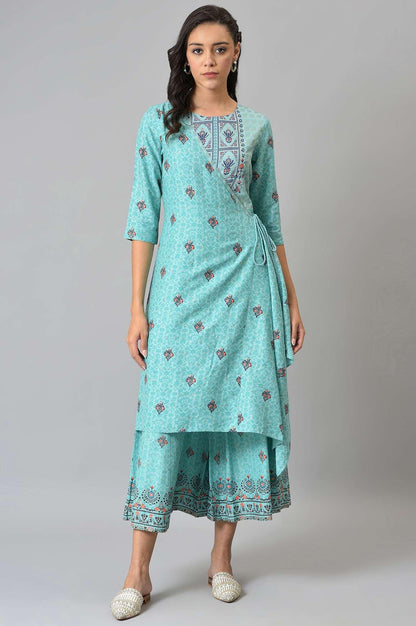 Light Blue Glitter Printed Angrakha Jumpsuit - wforwoman