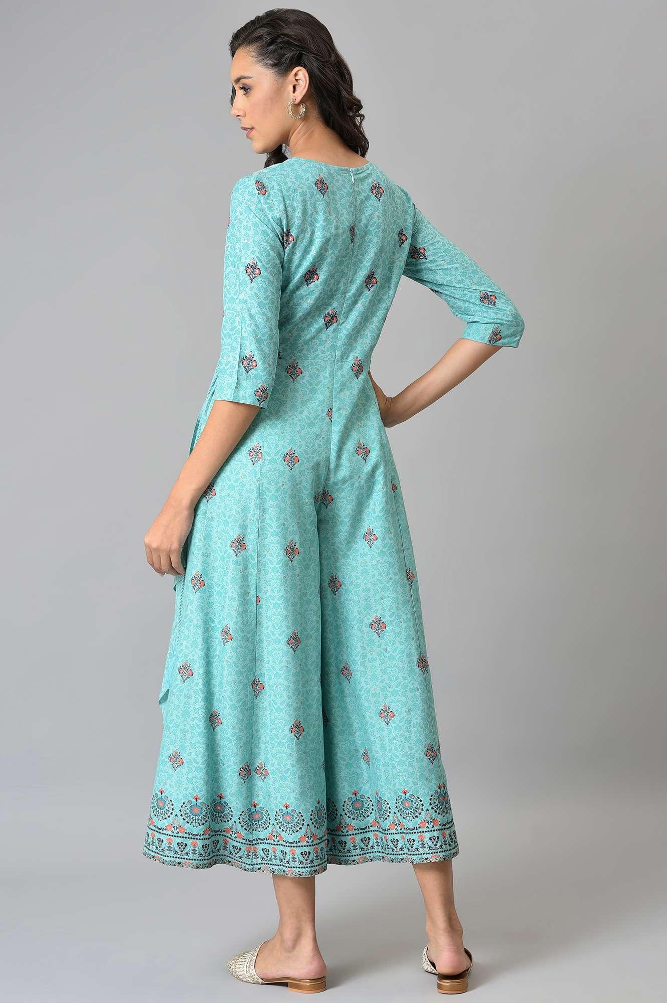 Light Blue Glitter Printed Angrakha Jumpsuit - wforwoman