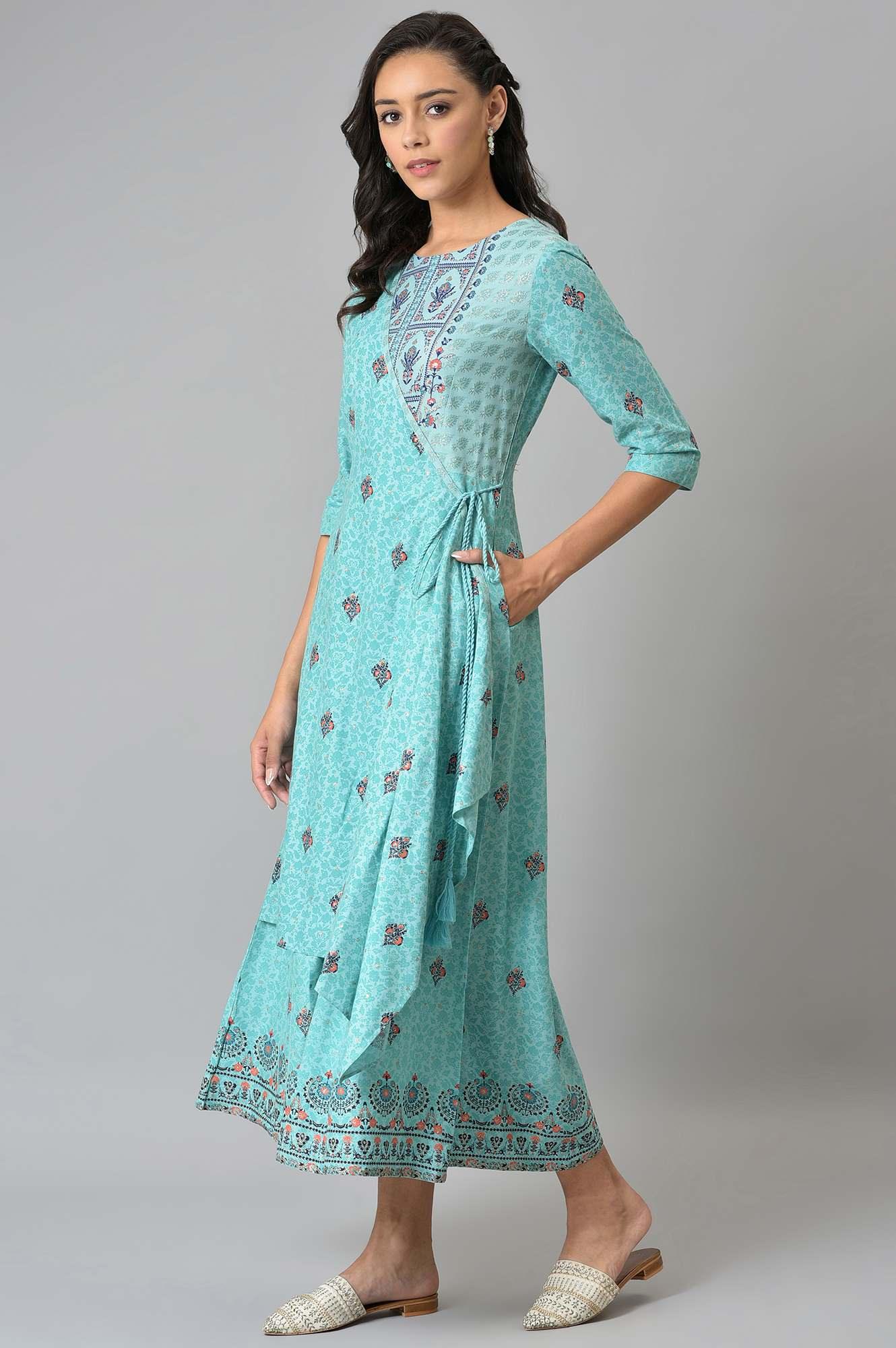 Light Blue Glitter Printed Angrakha Jumpsuit - wforwoman