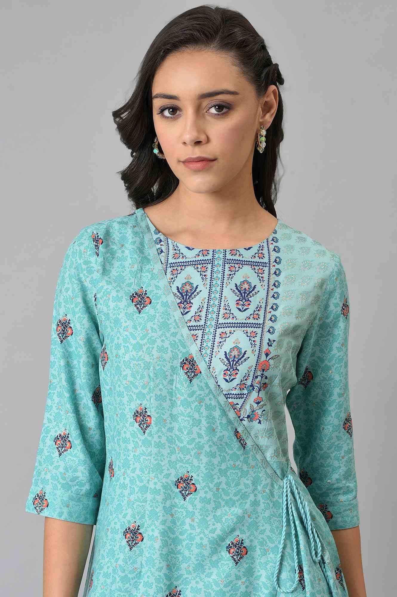 Light Blue Glitter Printed Angrakha Jumpsuit - wforwoman