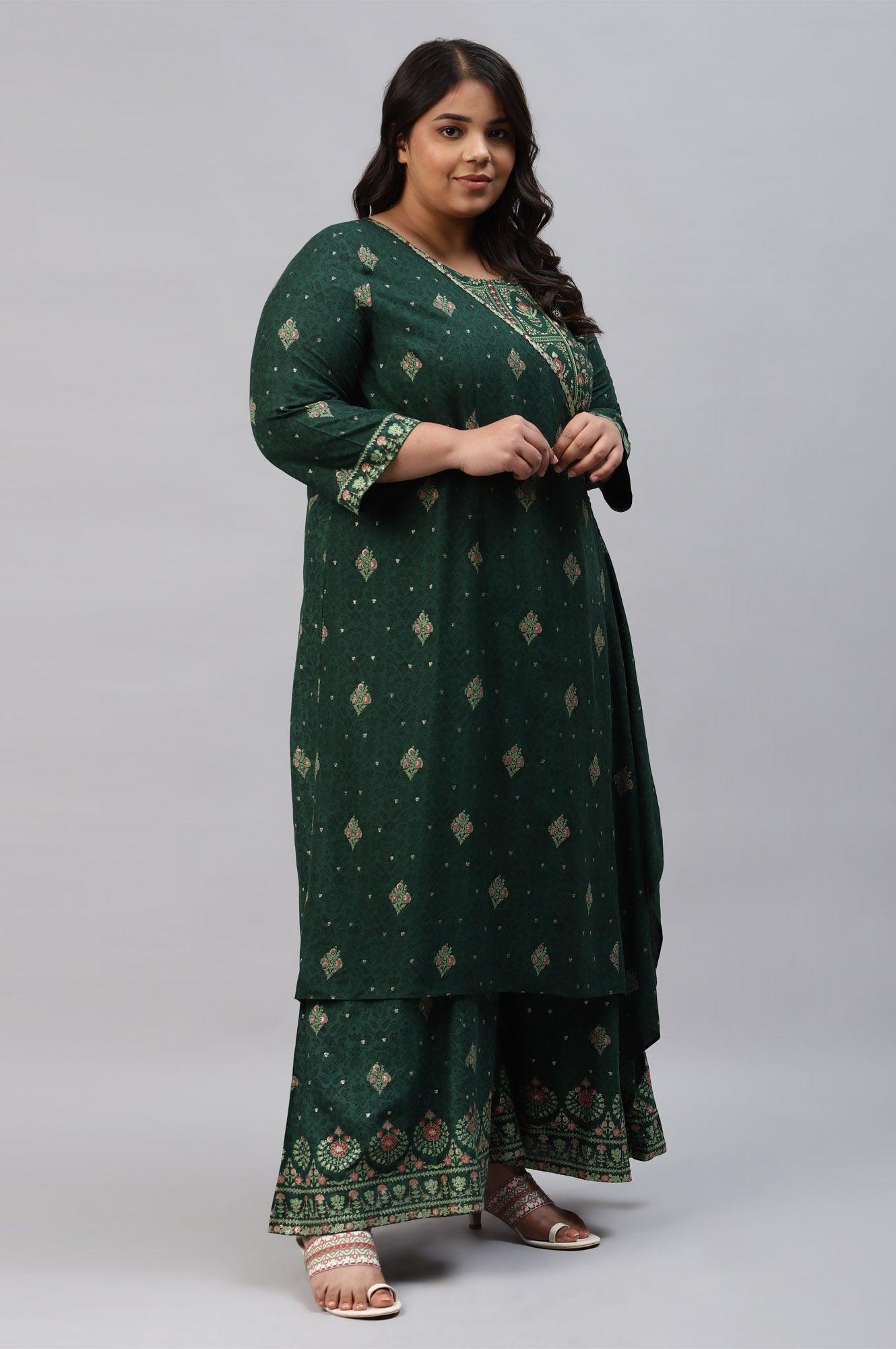 Green Glitter Printed Angrakha Plus Size Jumpsuit - wforwoman