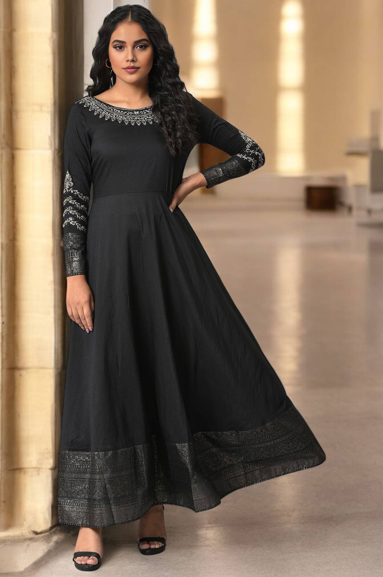 Black Glitter Printed And Embroidered Dress