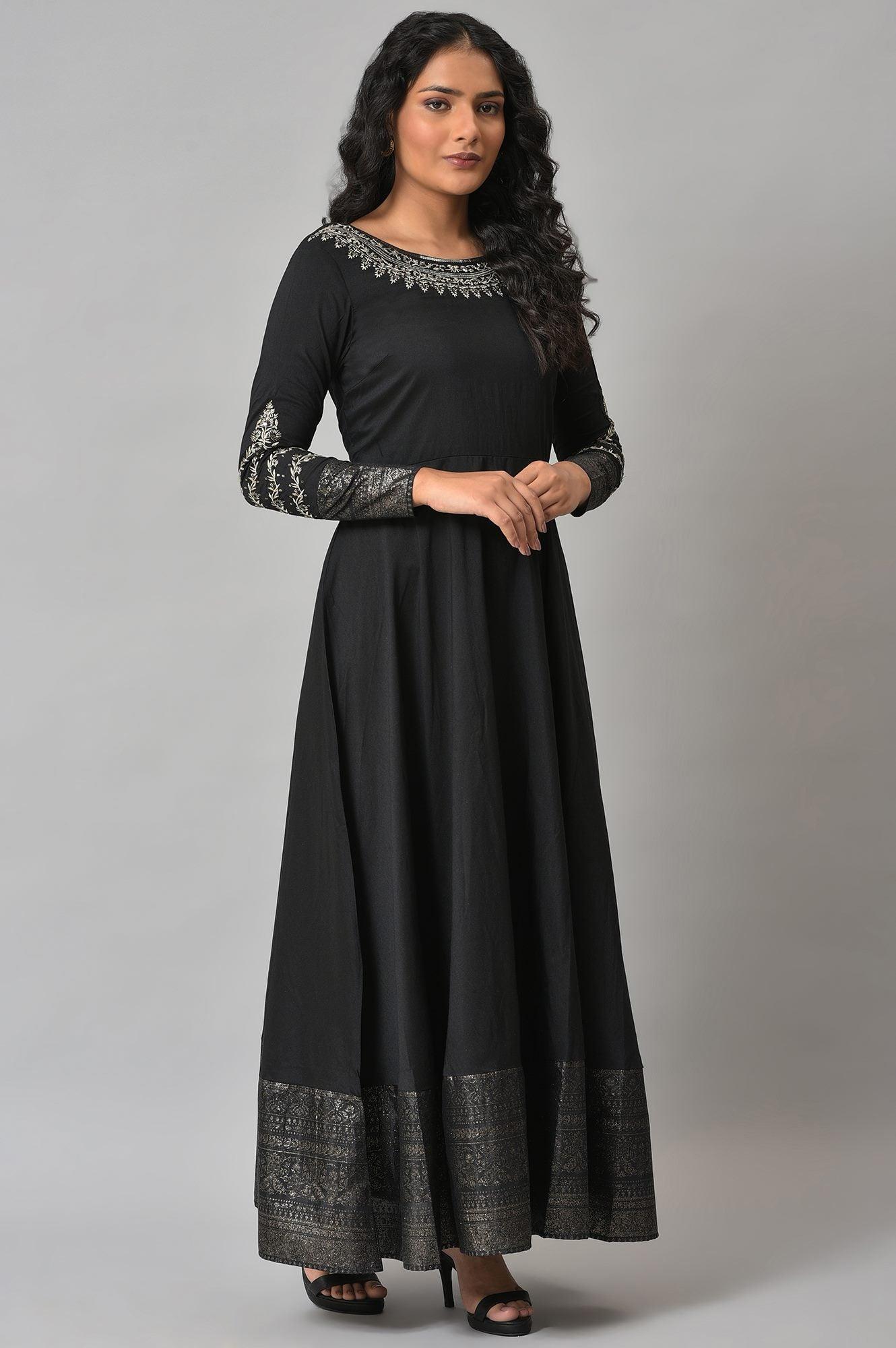 Black Glitter Printed And Embroidered Dress - wforwoman