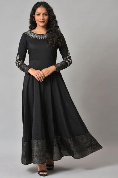 Black Glitter Printed And Embroidered Dress - wforwoman