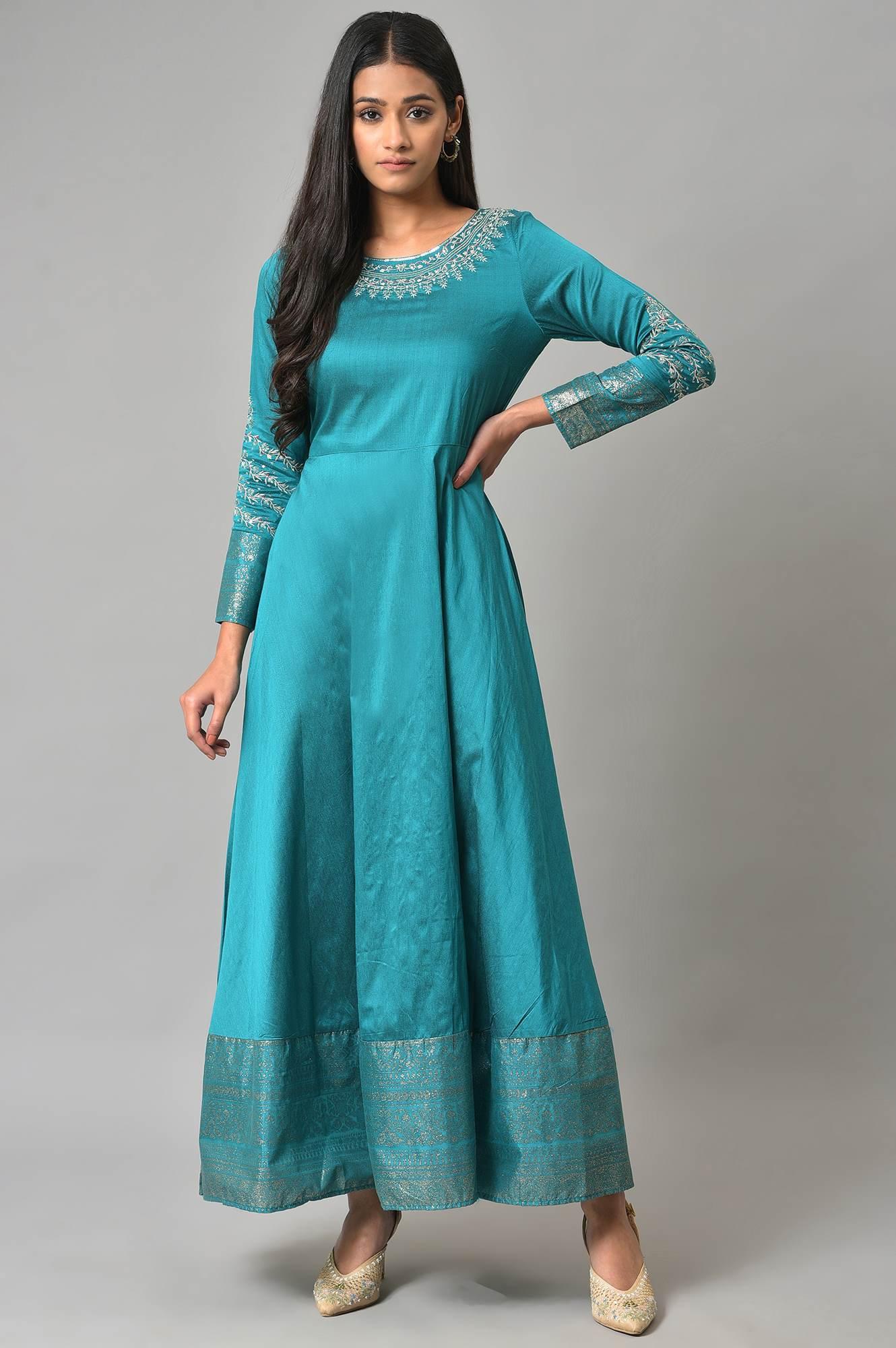 Buy Teal Blue Glitter Printed and Embroidered Flared Dress Online for Woman Buy Teal Blue Glitter Printed and Embroidered Flared Dress Online for Woman