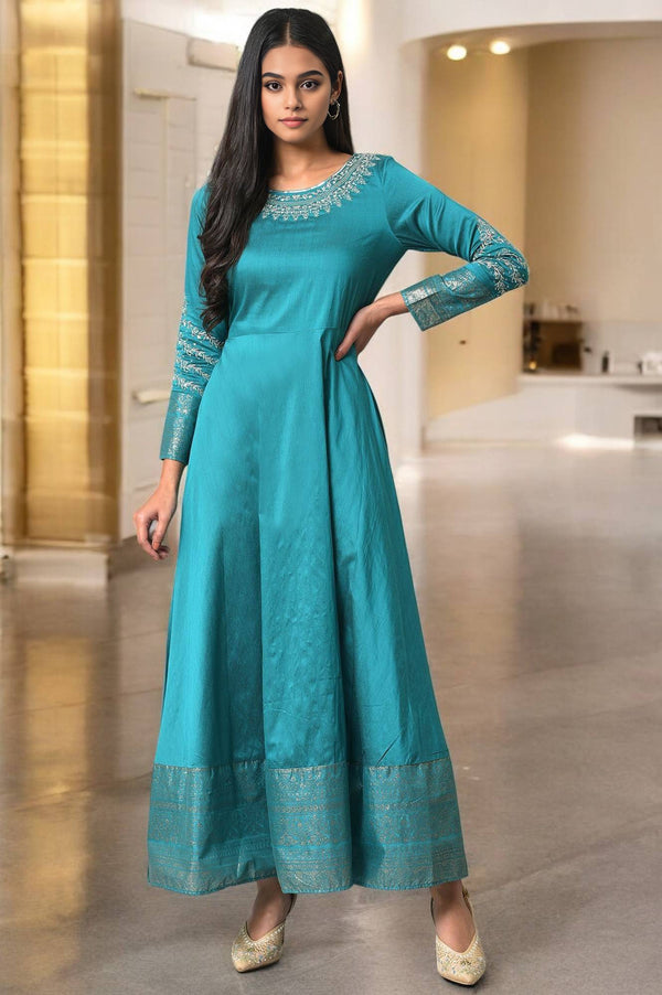 Teal Blue Glitter Printed and Embroidered Flared Dress