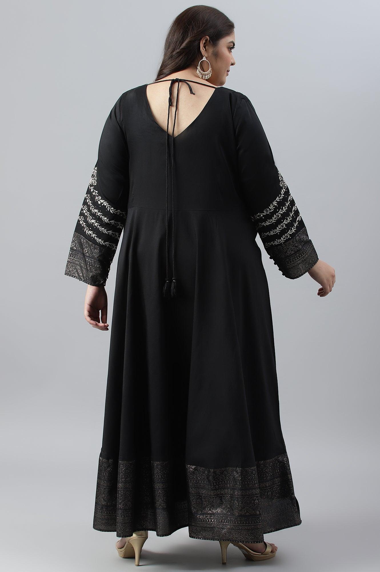 Black Glitter Printed And Embroidered Plus Size Dress - wforwoman