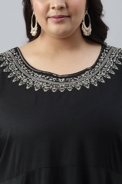 Black Glitter Printed And Embroidered Plus Size Dress - wforwoman
