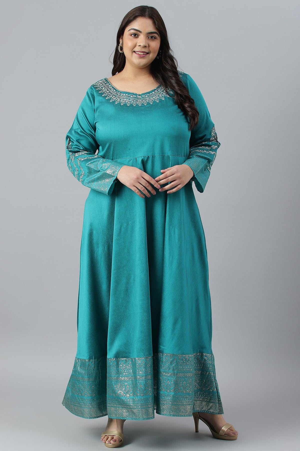 Teal Blue Glitter Printed And Embroidered Plus Size Dress - XS