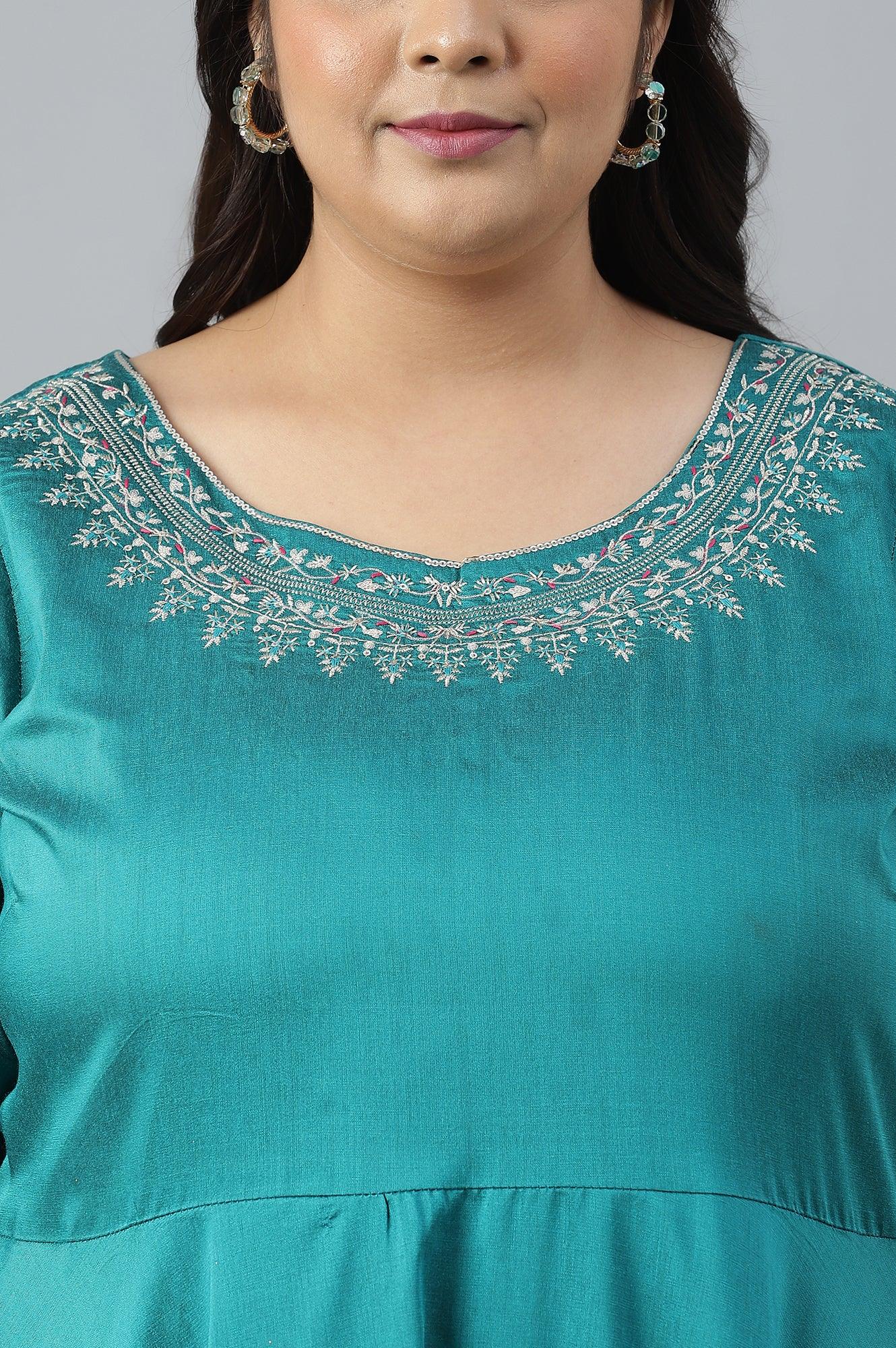 Teal Blue Glitter Printed And Embroidered Plus Size Dress - wforwoman