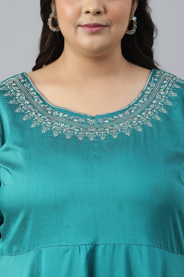 Teal Blue Glitter Printed And Embroidered Plus Size Dress