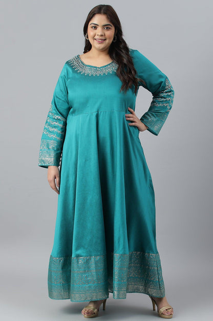 Teal Blue Glitter Printed And Embroidered Plus Size Dress - wforwoman