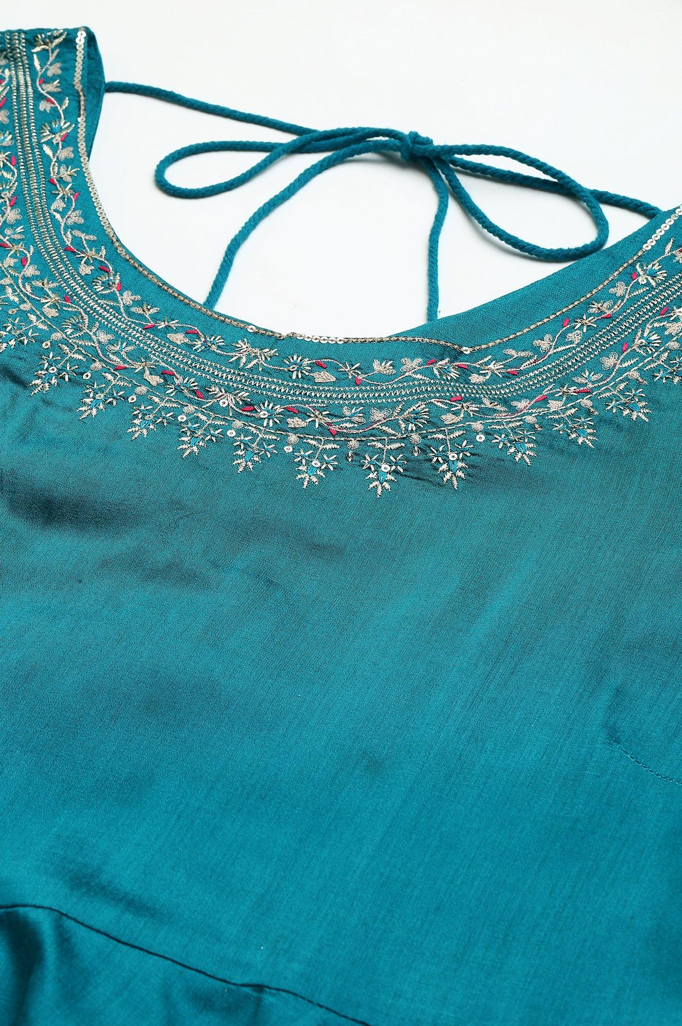 Teal Blue Glitter Printed And Embroidered Plus Size Dress - wforwoman