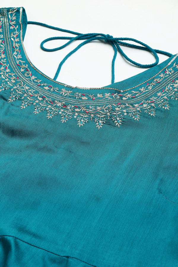 Teal Blue Glitter Printed And Embroidered Plus Size Dress