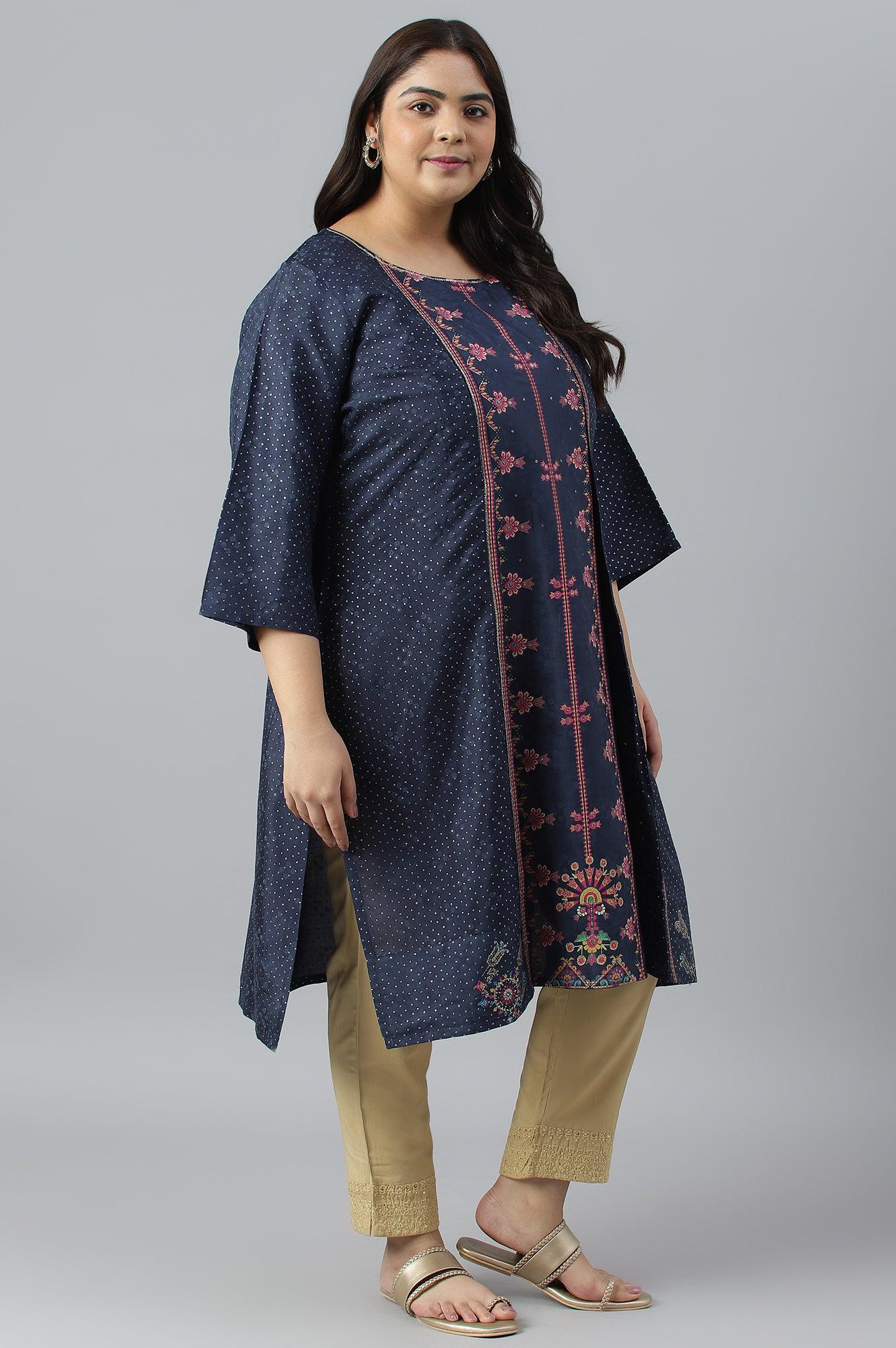 Plus Size Royal Blue Mock Layered Festive kurta - wforwoman