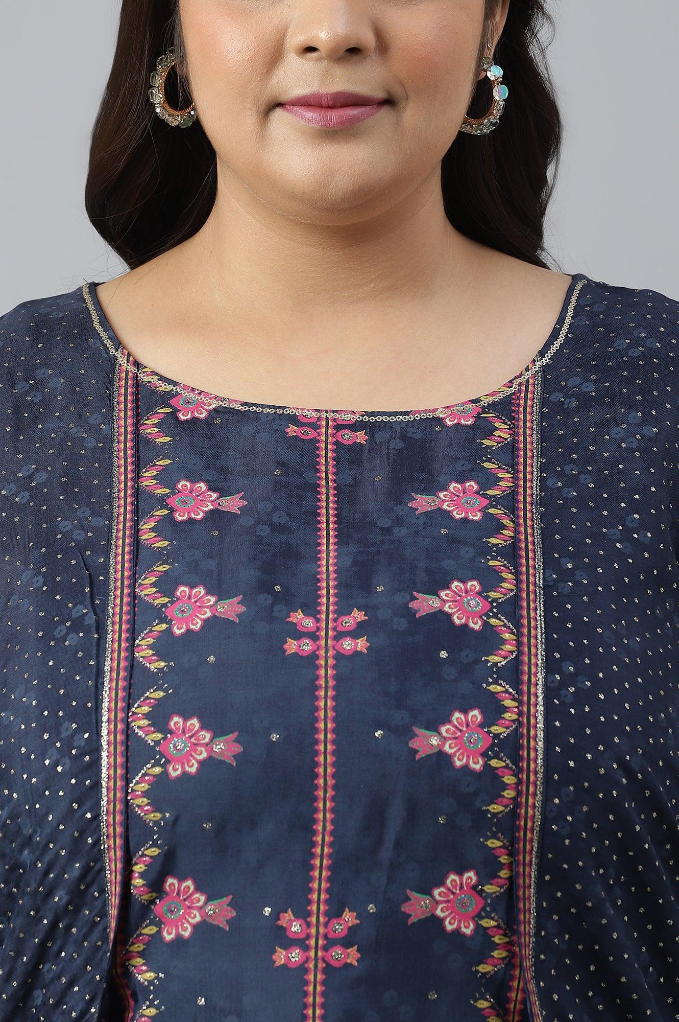 Plus Size Royal Blue Mock Layered Festive kurta - wforwoman