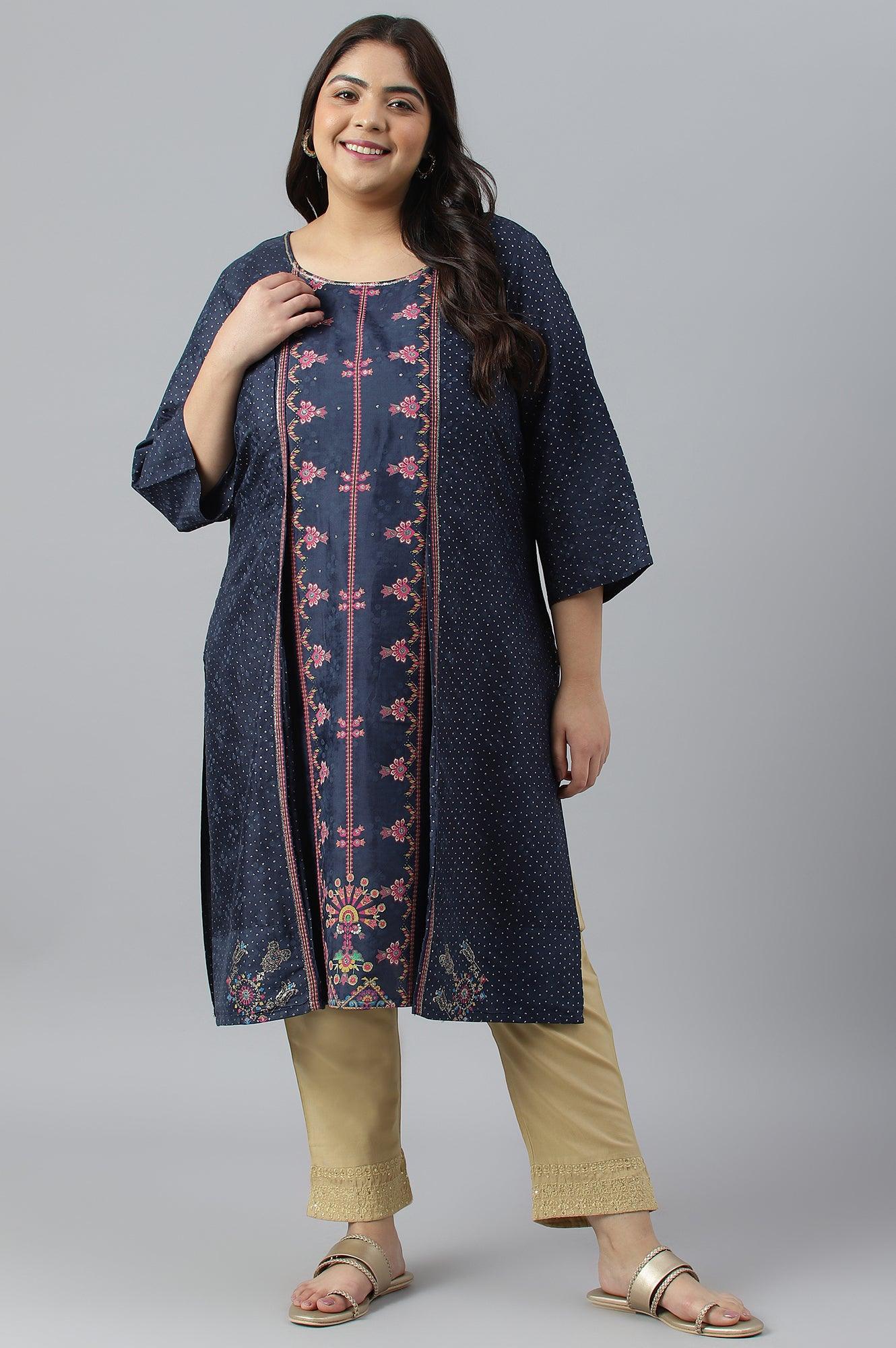 Plus Size Royal Blue Mock Layered Festive kurta - wforwoman