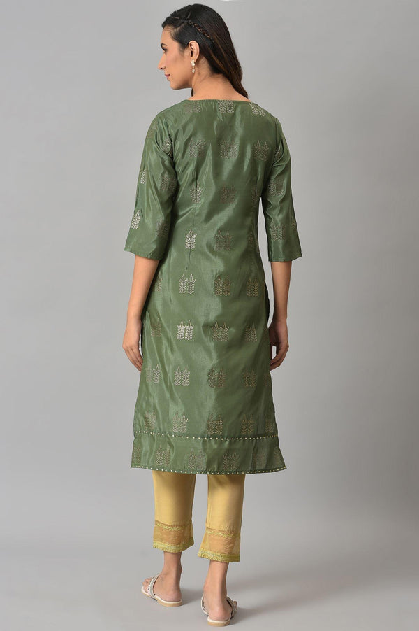 Green Shantung kurta With Mukaish Print