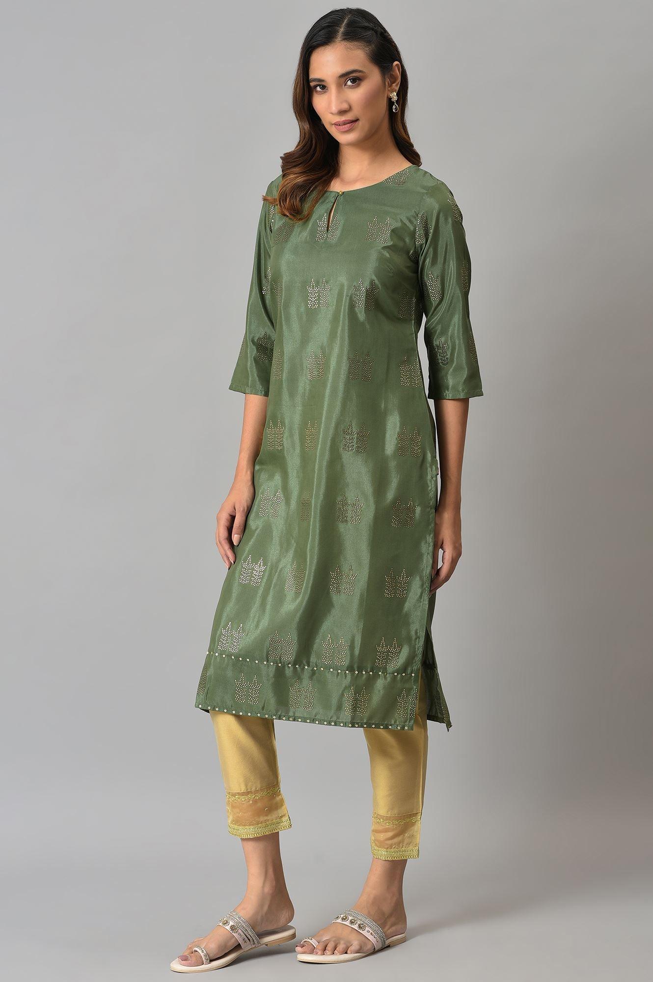 Green Shantung kurta With Mukaish Print - wforwoman