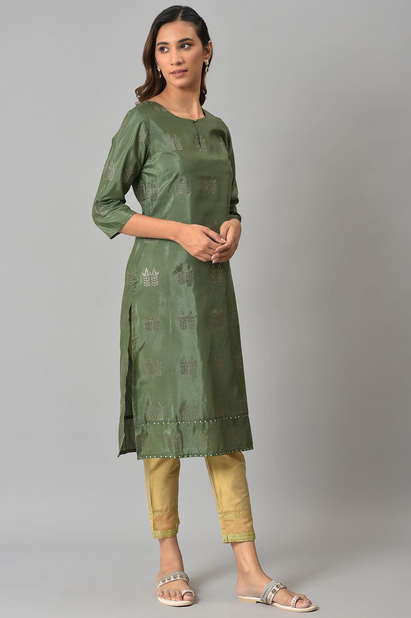 Green Shantung kurta With Mukaish Print - wforwoman