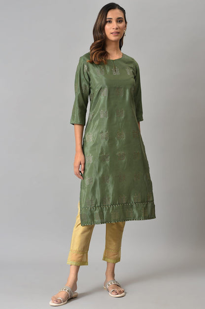 Green Shantung kurta With Mukaish Print - wforwoman