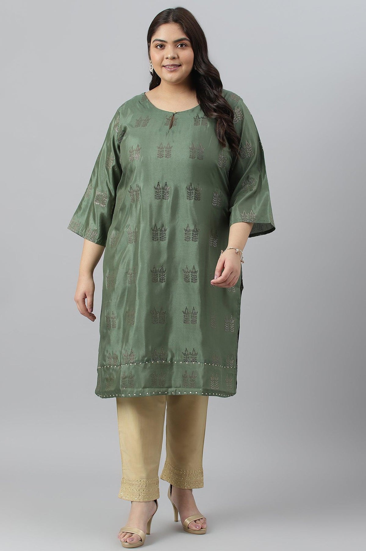 Green Shantung Plus Size kurta With Mukaish Print - 20