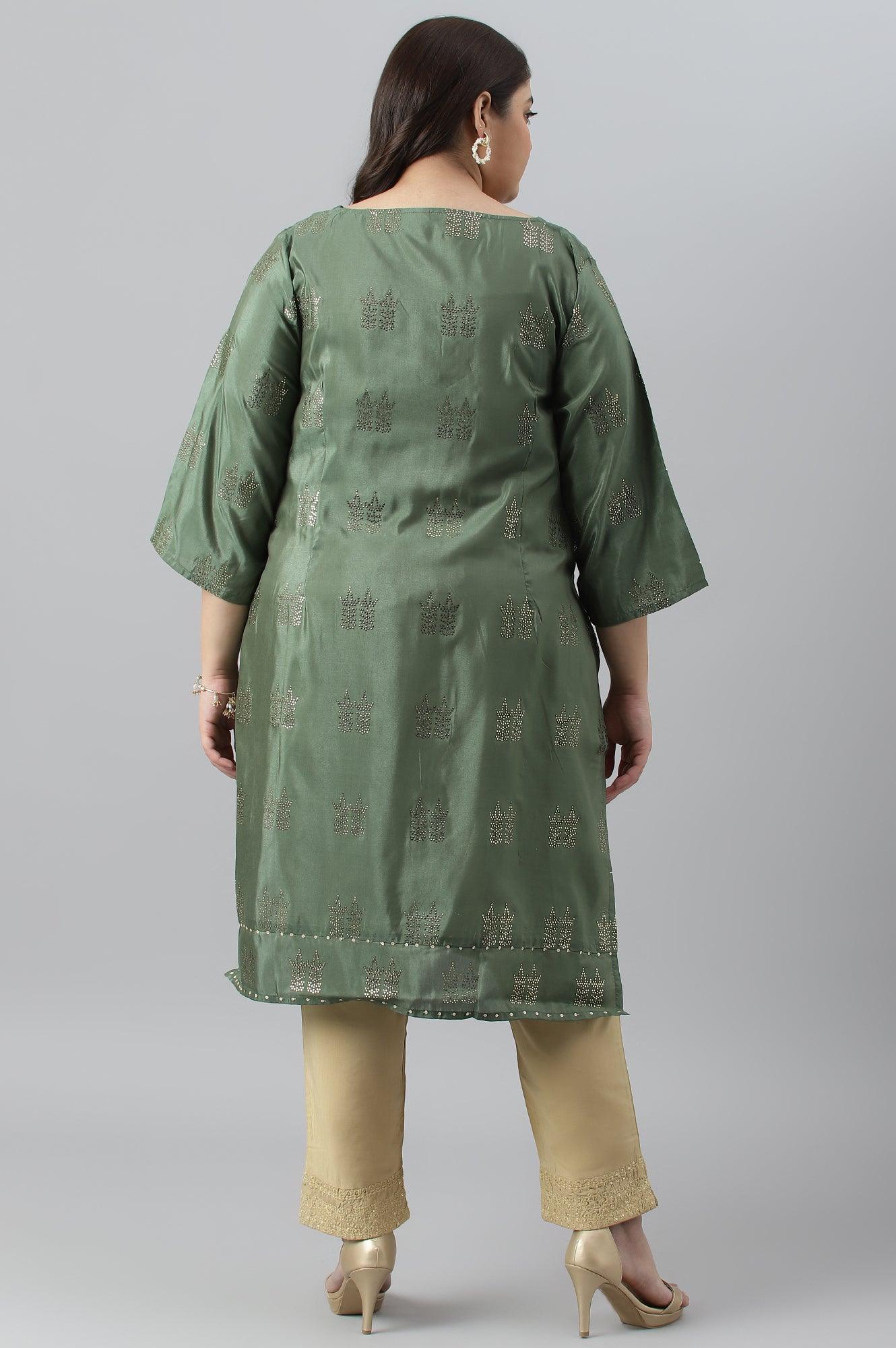 Green Shantung Plus Size kurta With Mukaish Print - wforwoman