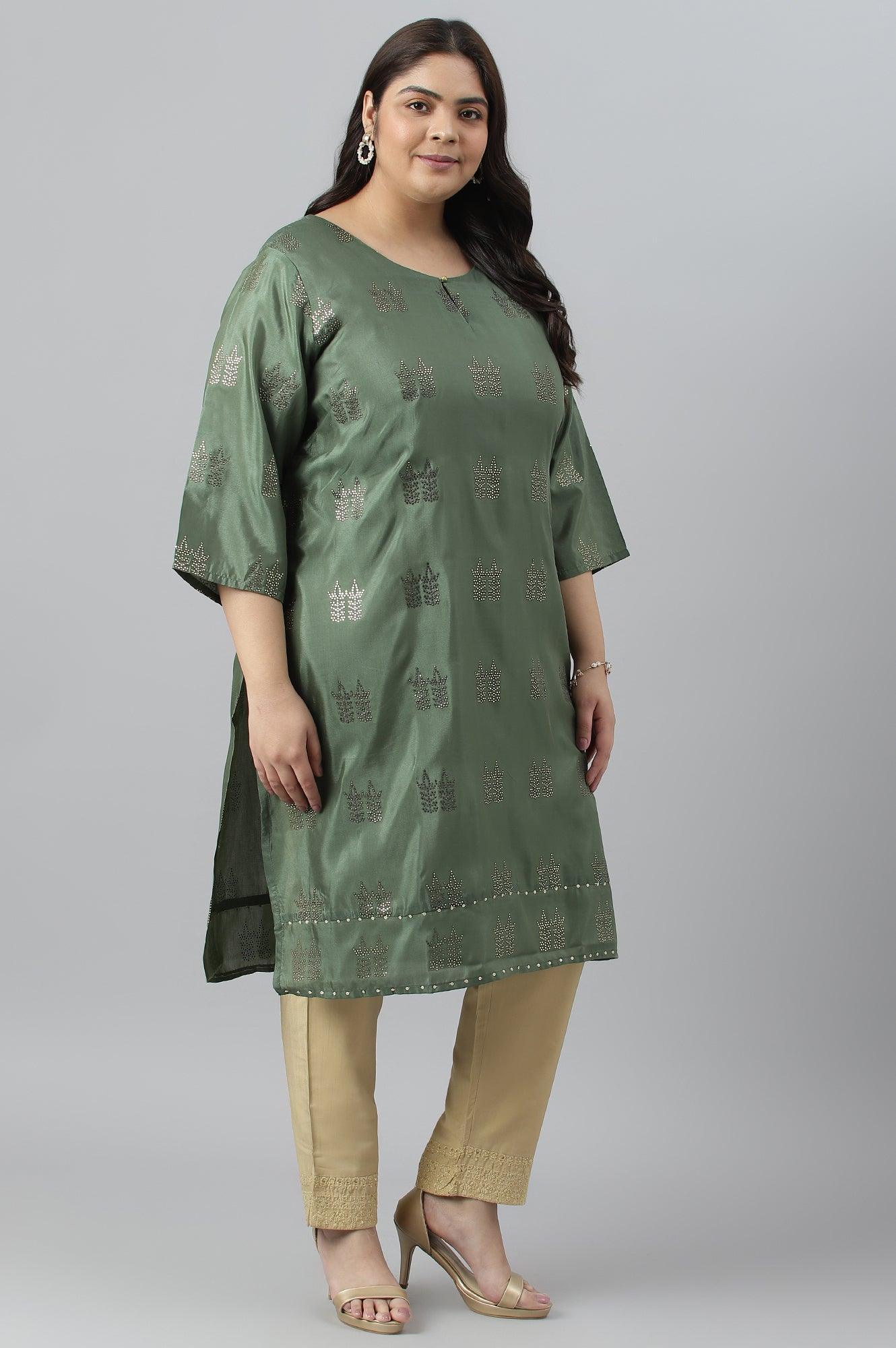 Green Shantung Plus Size kurta With Mukaish Print - wforwoman