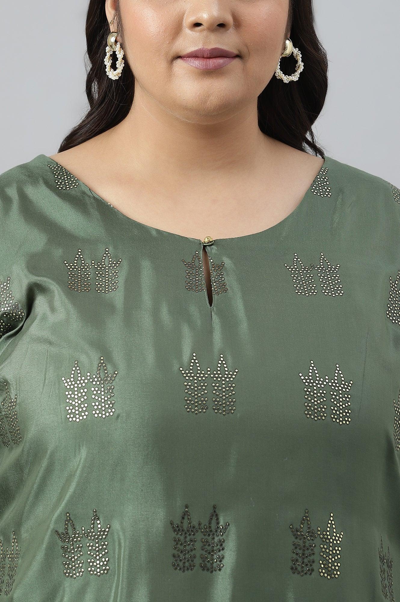 Green Shantung Plus Size kurta With Mukaish Print - wforwoman