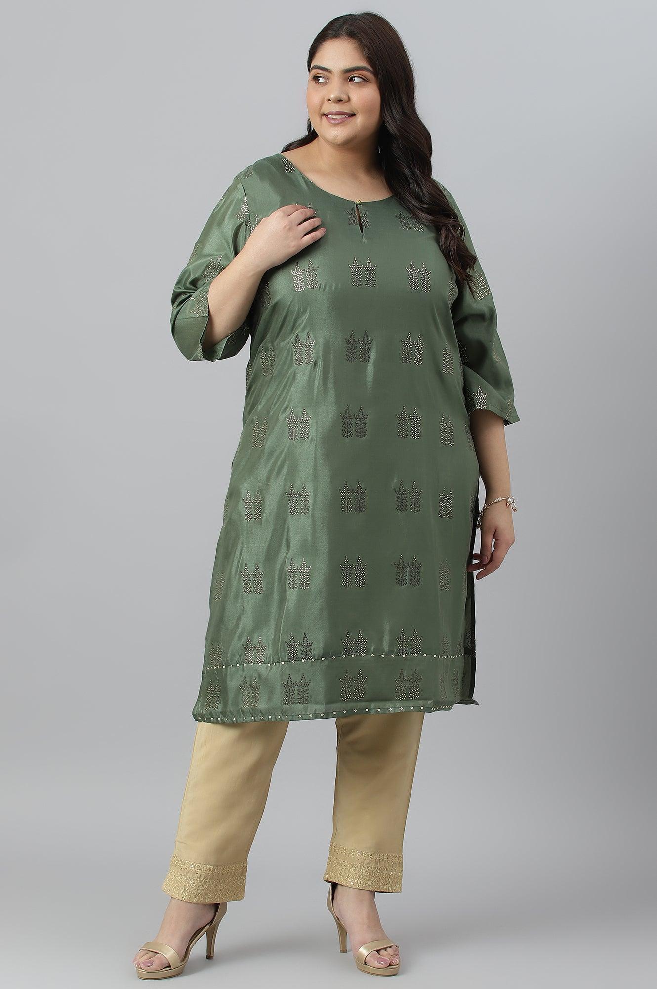 Green Shantung Plus Size kurta With Mukaish Print - wforwoman